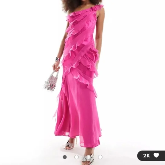 ASOS Design One Shoulder Ruffle Maxi Dress in Fuchsia Pink (US 2) - Picture 1 of 4